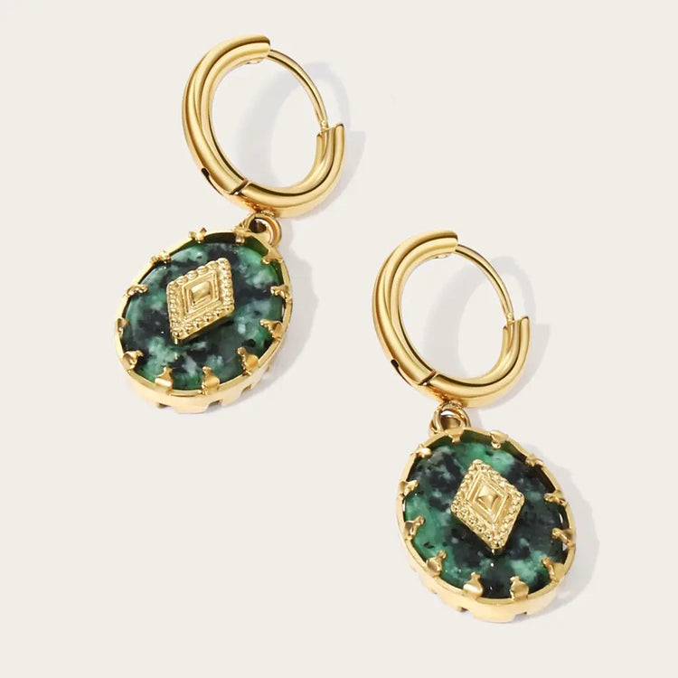 Boucles d'Oreilles Anciennes Or Malachite Camee Boucles d'Oreilles Anciennes Or Malachite Camee