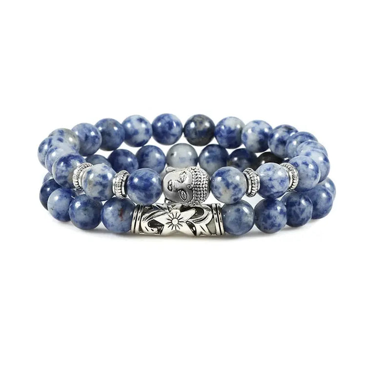 Bracelet tête de bouddha bleu à pois blancs