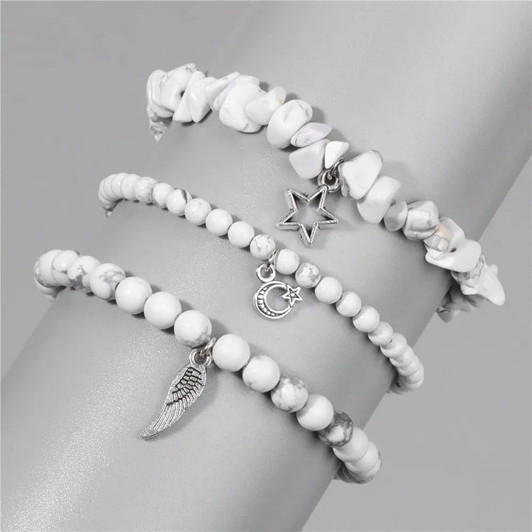 Bracelets Pendentif Plume Etoile Lune Blanche Howlite