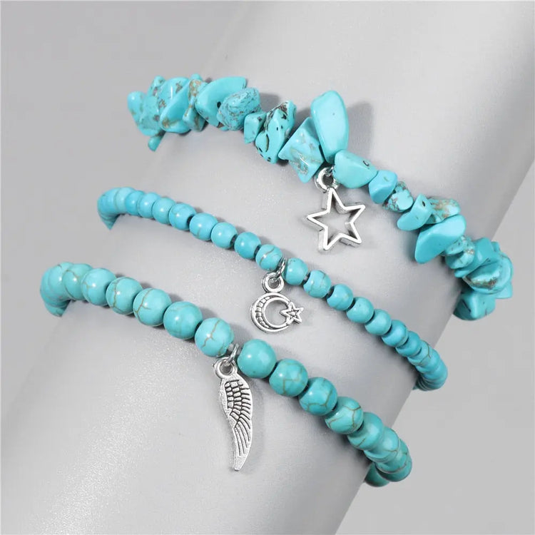 Bracelets Pendentif Plume Etoile Lune Bleu Howlite