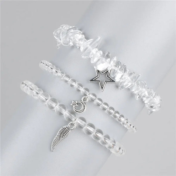 Bracelets à pendentif en plumes d'étoile de lune en quartz clair