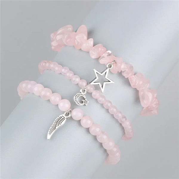 Bracelets pendentif plume étoile lune quartz rose