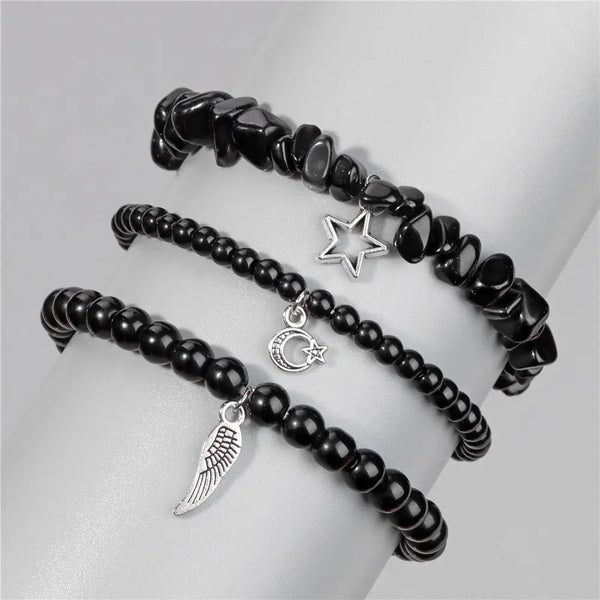 Bracelets pendentifs en plumes d'étoile de lune en verre noir