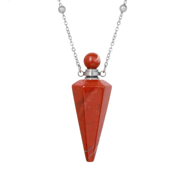 Collier en argent avec bouteille de parfum en pierre de jaspe rouge