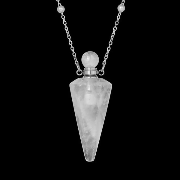 Collier en argent avec bouteille de parfum en pierre de quartz clair