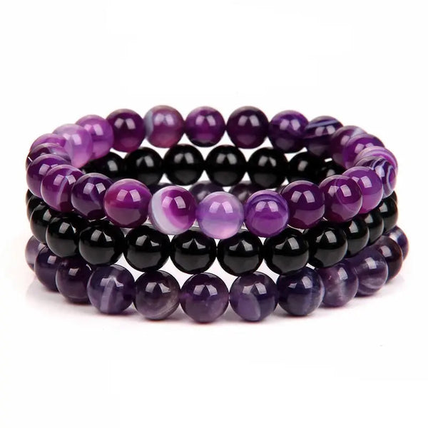 Bracelet Perles Agate Violette / Onyx / Améthyste