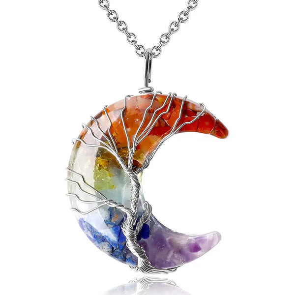 YUZHEDM Collier en Cristal Naturelle avec Pierre de Lune - Pendentif Arbre de Vie avec 1 Poche à Cordon en Velours